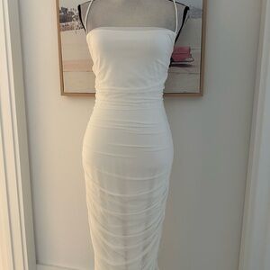 Oh Polly Skinny Strap White Ruched Bodycon Dress with Cut Out Back Design